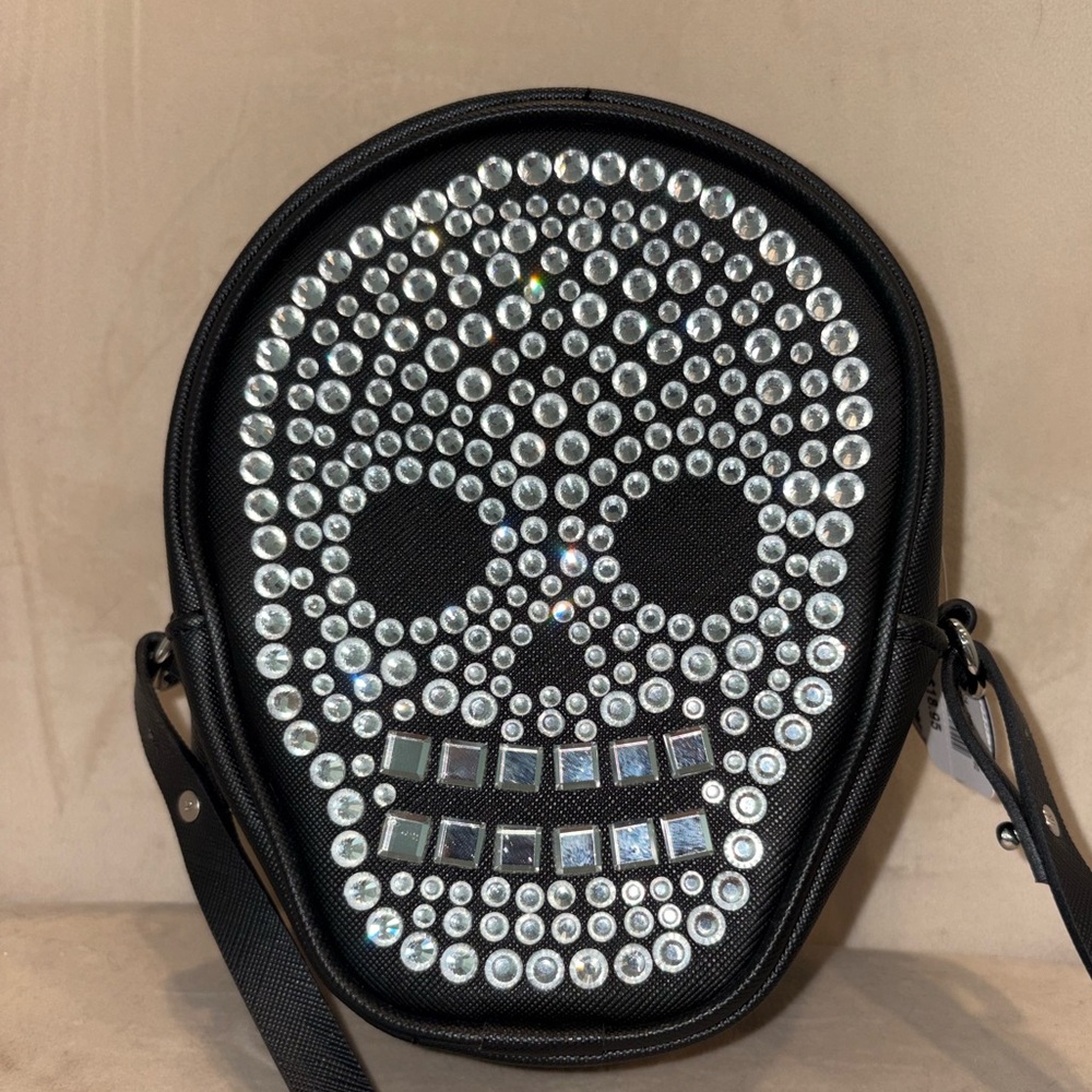 Black Skull Rhinestone Cosmetic Bag with Detachable Crossbody Strap - NWT!